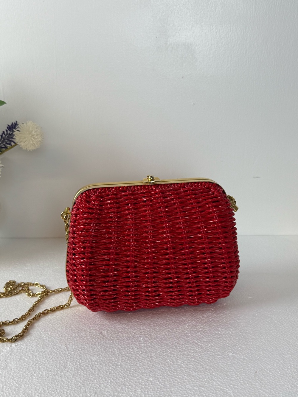 Vintage Magid Red Woven Clutch Crossbody Bag Gold Chain Evening Purse Boho